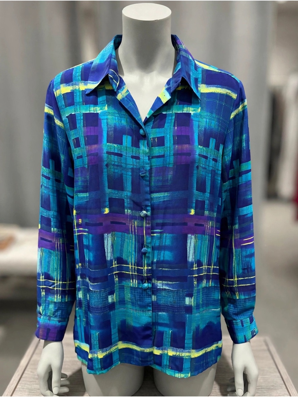 Blue Plaid Brushstroke Button-Up Shirt